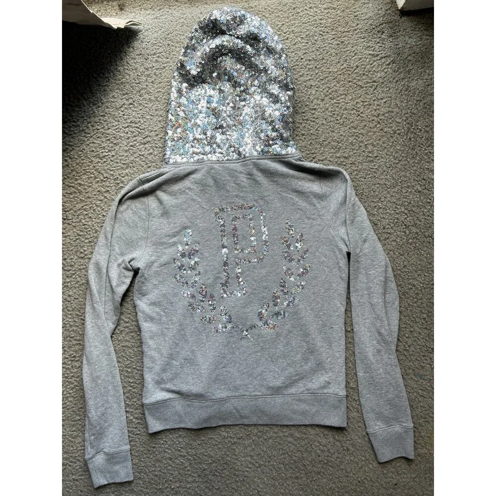 Vintage Victoria’s Secret PINK Gray Sequins Hoodie Sweater MEDIUM RARE Y2K